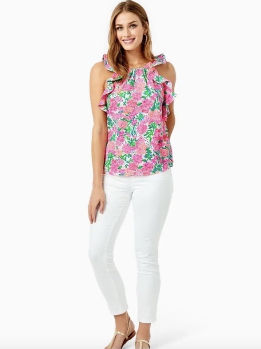 Lilly Pulitzer Pink & Green Floral Ruffle Tank- Marlee tank